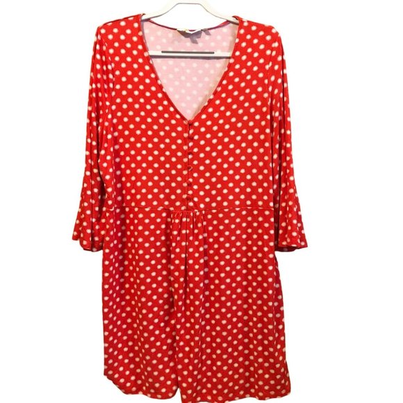 Boden Sz 18 V-Neck Midi Dress Red White Starburst A-Line 3/4 Bell Sleeve Flowy G - Picture 1 of 8